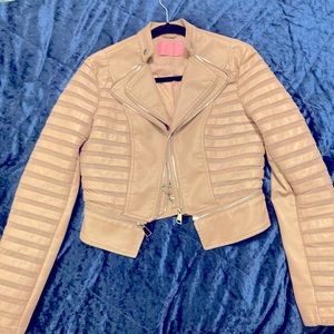 Azalea Wang mesh & faux leather double lapel convertible short blush/tan jacket.